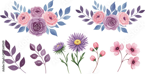 Watercolor floral illustrations of pink and purple flowers and leaves