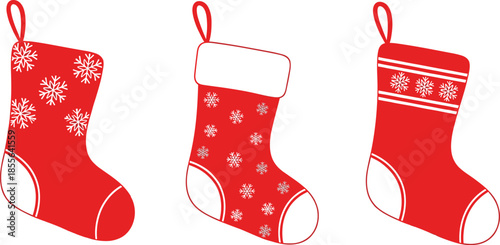 Red Christmas stocking vector set with snowflake patterns, festive holiday socks illustration isolated on white background