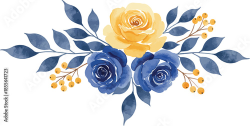 Watercolor bouquet of blue roses and yellow flowers