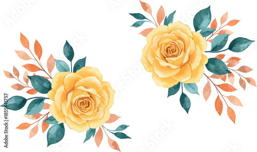 Two yellow roses with green and orange leaves on white background