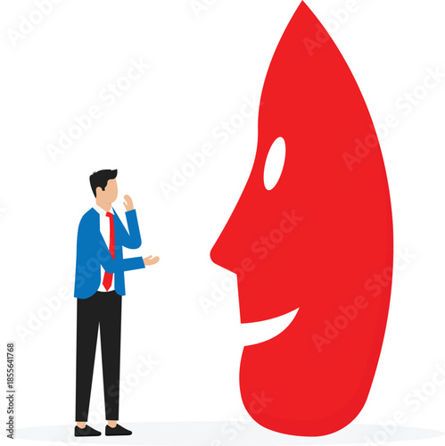 Dishonesty and lies or scam, fraud or fake hiding behind disguise mask concept.
