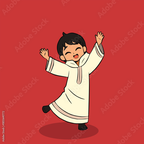 Happy Cartoon Boy Character in Traditional White Robe Dancing on Red Background Vector Illustration