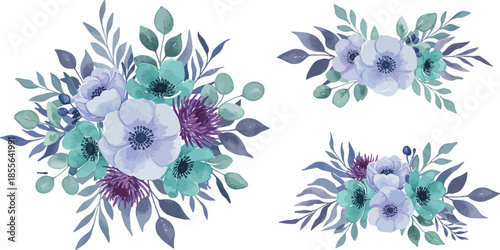 Watercolor floral bouquets in shades of purple and blue