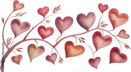 Watercolor hearts on a branch with leaves and stems