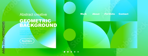 Abstract geometric background design. Vibrant green, turquoise gradients. Website header with navigation options, text elements.