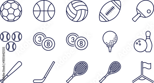 Set of sports icons including soccer basketball volleyball football tennis baseball golf bowling billiards hockey bat rackets and competition equipment symbols