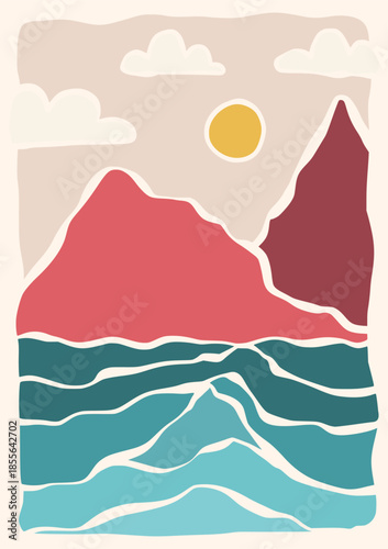 Boho Abstract Mountain and Sea Landscape Vector Illustration with Sun and Clouds