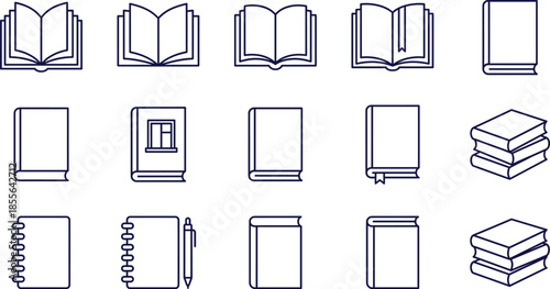 Set of book and education icons including open textbooks notebooks literature library resources reading materials journals study guides and academic symbols