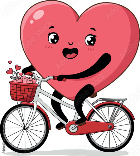 Heart riding a bicycle with a basket of flowers
