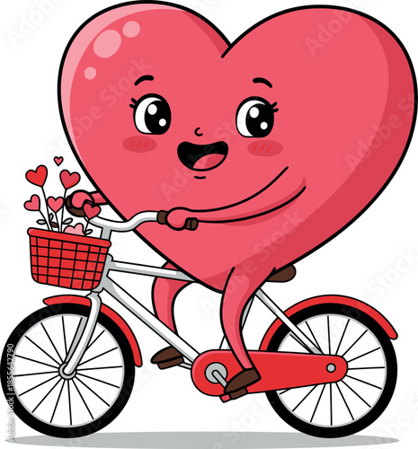 Cartoon heart character riding bicycle with flowers in basket