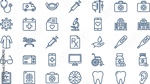 Medical and healthcare icon set including hospital ambulance stethoscope medicine bottle syringe thermometer first aid kit virus and doctor clinic symbols