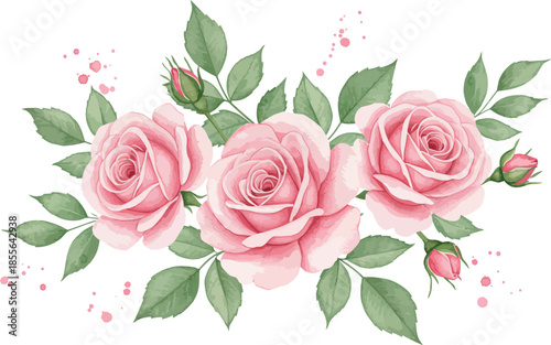 Three pink roses with green leaves and floral decorations
