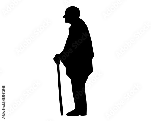 silhouette of a hunchbacked grandfather holding a stick, vector illustration 2
