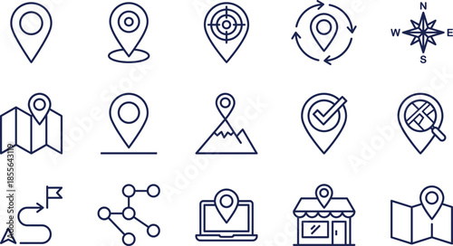 Set of map location pin icons including navigation pointers compass direction journey route mountain destination store marker and global positioning symbols