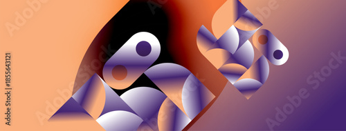 Abstract geometric shapes, purple hues dominate, orange background provides contrast. Composition feels modern, dynamic.