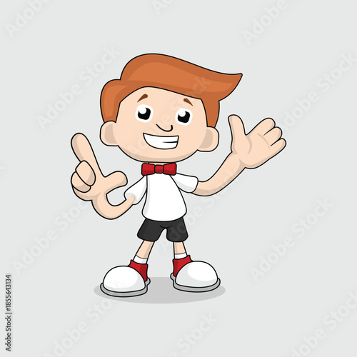 Cheerful Cartoon Boy Character with Red Bowtie and Waving Hand Vector Illustration