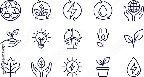 Eco friendly icon set including recycling symbols renewable energy wind turbine solar power green leaves water conservation and sustainable ecology vector