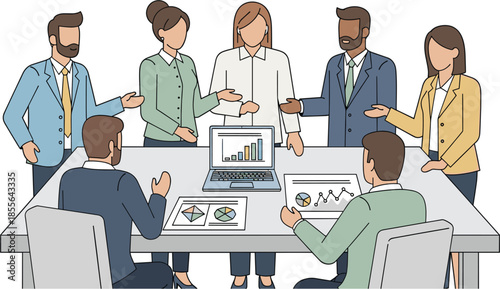 A diverse business team is collaborating around a conference table with charts in a professional vector illustration style.