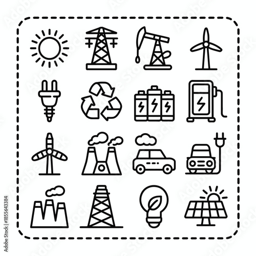 Energy icons set for renewable and traditional power sources