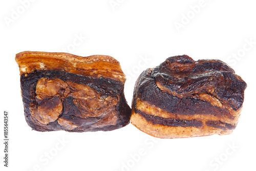 Smoked bacon slices, isolated on white background