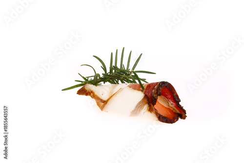 Smoked bacon slices, isolated on white background
