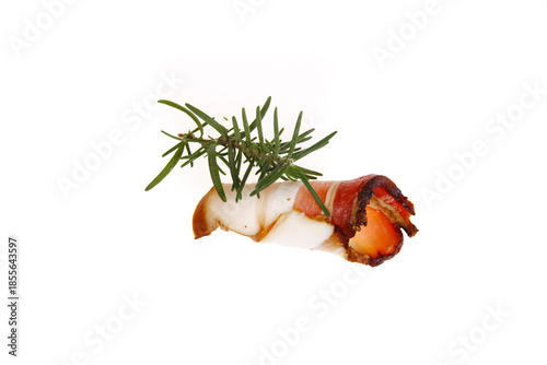 Smoked bacon slices, isolated on white background