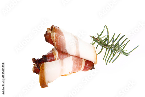 Smoked bacon slices, isolated on white background
