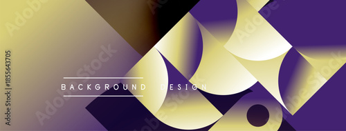Abstract geometric shapes, gold, purple gradients. Modern design elements create dynamic visual texture. Background features text overlay.
