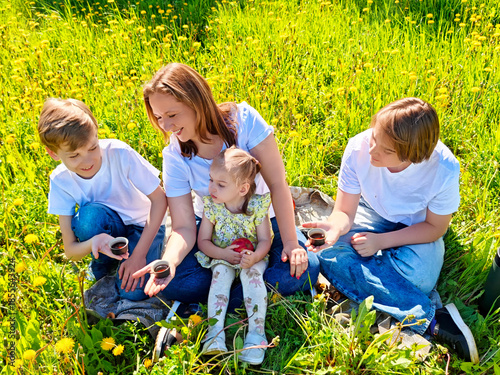 Family enjoying snacks on a sunny day in a green field surrounded by dandelions