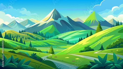 Green mountain landscape vector with rolling hills and blue sky, fresh spring nature scene