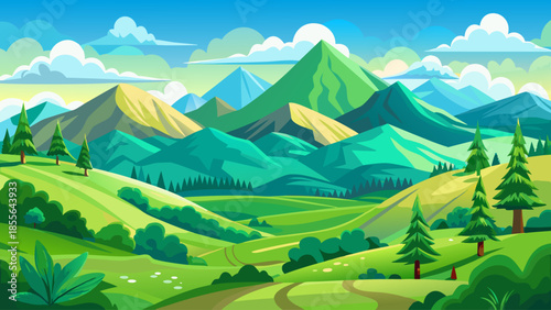 Green mountain landscape vector with rolling hills and blue sky, fresh spring nature scene