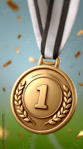 Gold medal with number one and laurel wreath for first place winner on blurred background with confetti.