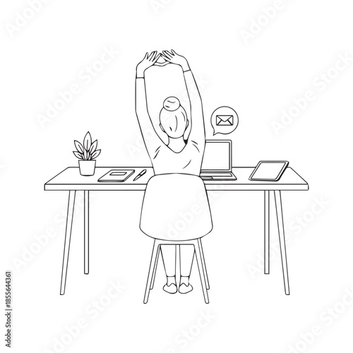 Line drawing of a woman stretching her arms at a desk with a laptop and email icon. Minimalist vector illustration of a female employee taking a break from office work.
