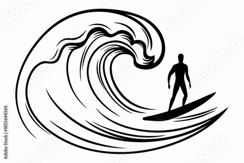 Silhouette of a surfer riding a large wave