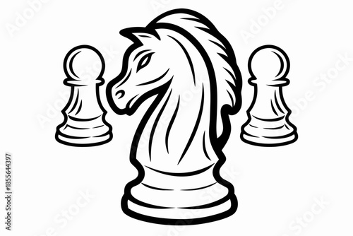 Chess knight and two pawns in black and white illustration