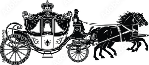Royal carriage with crown and coachman vector silhouette, pulled by galloping horses, illustrating luxury transport, wedding elegance, or vintage fairy tale design element.