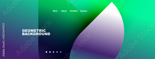 Abstract geometric background. Gradient colors blend, creating modern visual effect. Navigation menu present, simple text labels.