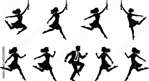 Running people silhouette vector illustration, jumping woman holding candle, dynamic action poses, chase and escape concept, cinematic black and white design