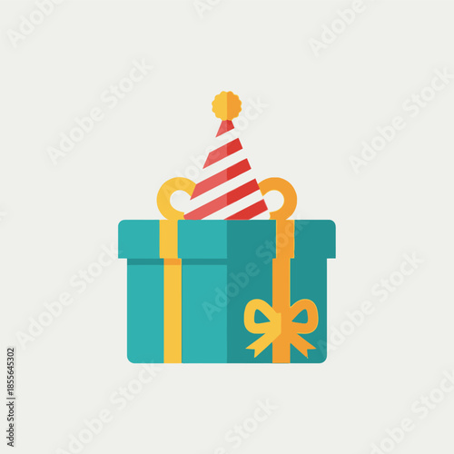 A flat design illustration of a teal gift box with yellow ribbon and a red and white striped party hat with a yellow pom-pom on top, ready for a celebration.