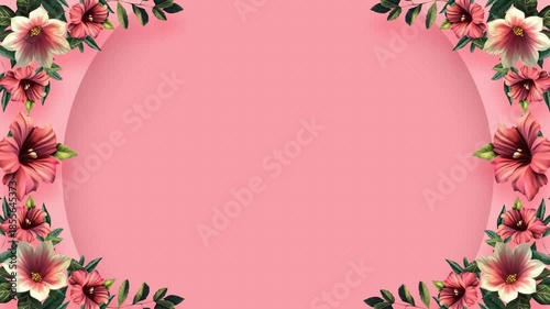 Elegant floral frame with vibrant pink flowers and lush green leaves on a soft pink background, perfect for decoration, design, and inspiration