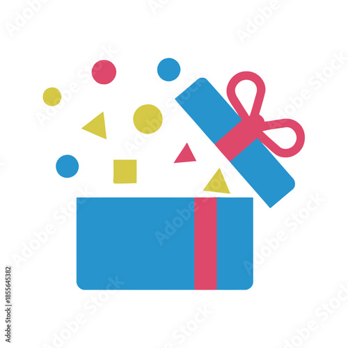 A vibrant blue gift box with a red ribbon, bursting open to reveal colorful confetti shapes, symbolizing celebration and surprise.