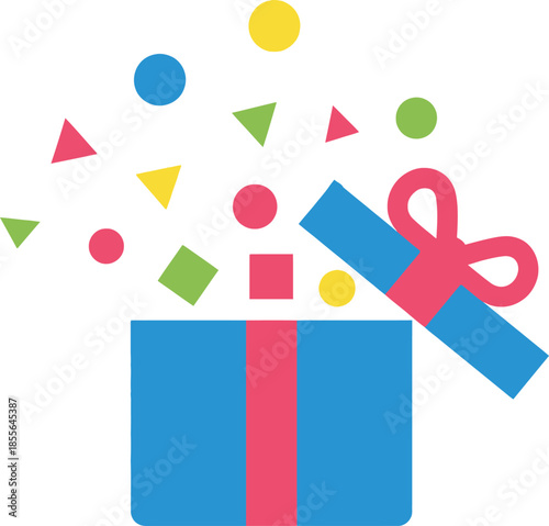A vibrant blue gift box with a pink ribbon, bursting open to release a shower of colorful confetti shapes, symbolizing celebration and surprise.