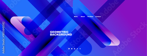 Abstract geometric background. Vibrant blue, purple hues create dynamic composition. Minimalist text elements present navigation options. Modern design.