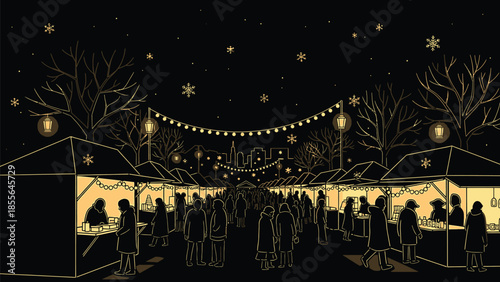 Black and white illustration depicts a bustling winter holiday market scene at night with illuminated stalls and falling snow over a city skyline background.