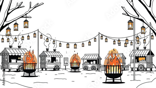 Outdoor winter food festival scene featuring multiple illuminated food trucks gathered around warm glowing fire pits under decorative string lights