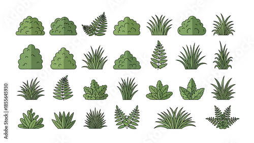 Collection of pixel art style green bushes, grass, and fern plants on a white background, perfect for game assets or graphic design.