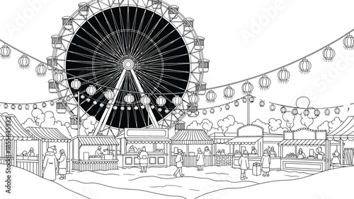 Outline drawing depicting a festive winter carnival scene featuring a towering Ferris wheel illuminating a bustling market square filled with small vendor stalls and bundled-up visitors.