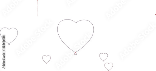 Minimalist line art illustration features several delicate red heart shaped balloons floating upwards against a soft gradient blue sky background.