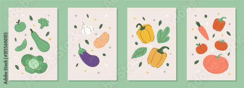 Collection of 4 Vertical posters with vegetables and fruits. Vector illustration with twinkling stars. Food postcard in doodle style. Simple wall art for kitchen or cafe. Banner for harvest festival o