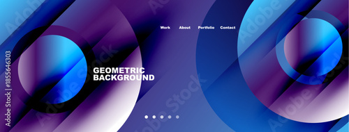 Abstract geometric background. Blue, purple hues blend. Navigation menu present. Modern design elements visible. Simple, clean aesthetic.